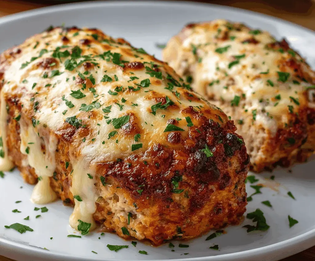Juicy Garlic Parmesan Chicken Meatloaf topped with melted cheese and fresh herbs on a white plate, served with sides.