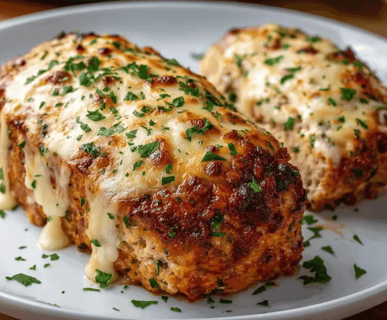 Juicy Garlic Parmesan Chicken Meatloaf topped with melted cheese and fresh herbs on a white plate, served with sides.
