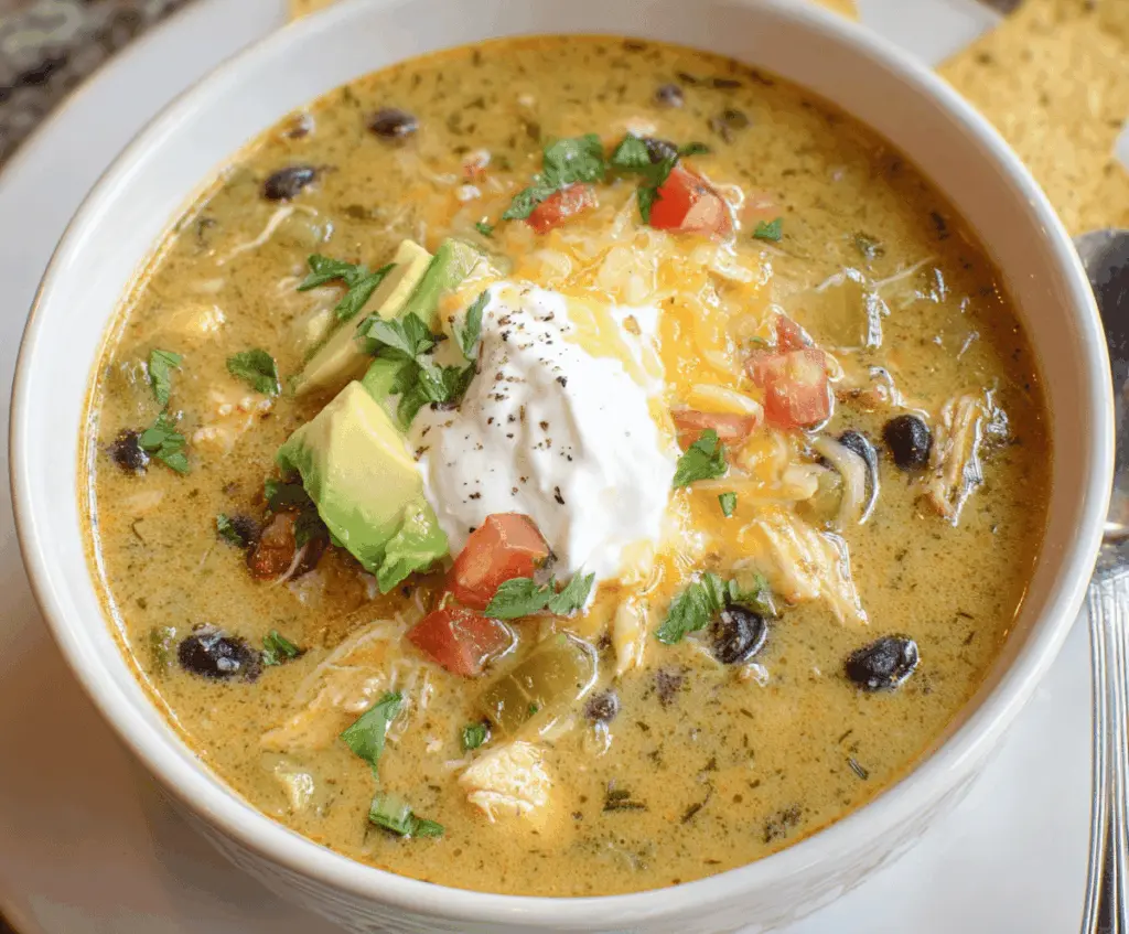 A bowl of Green Enchilada Chicken Soup topped with shredded cheese, fresh cilantro, and lime wedges, served in a white bowl with a spoon on a rustic wooden table.