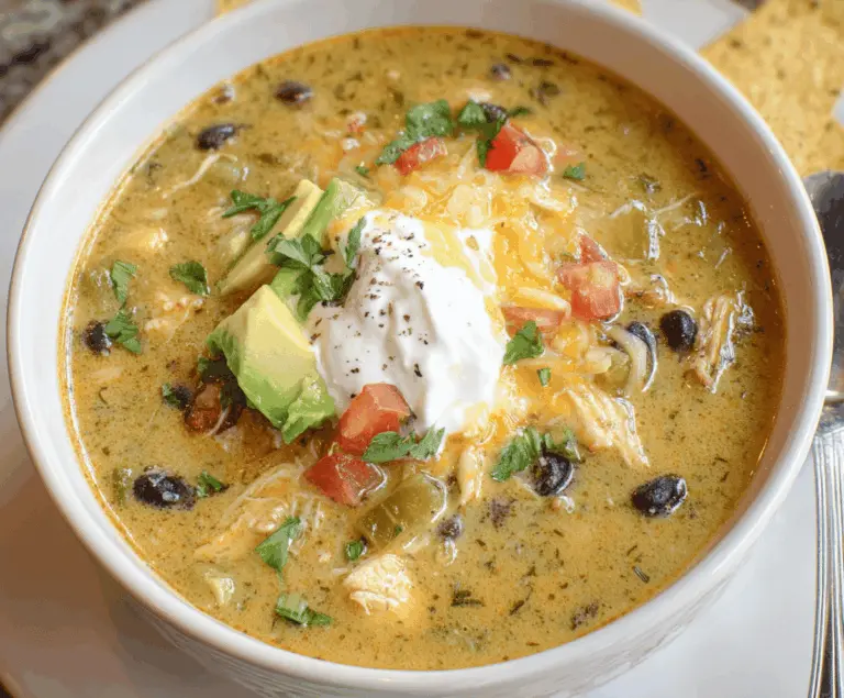 A bowl of Green Enchilada Chicken Soup topped with shredded cheese, fresh cilantro, and lime wedges, served in a white bowl with a spoon on a rustic wooden table.