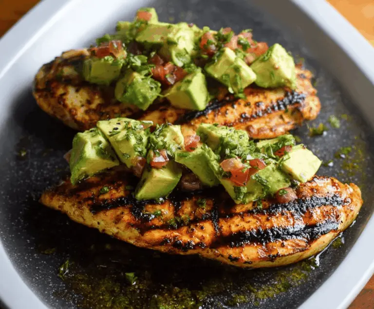 Creamy grilled avocado chicken served with fresh herbs and smoky grill marks on a white plate.