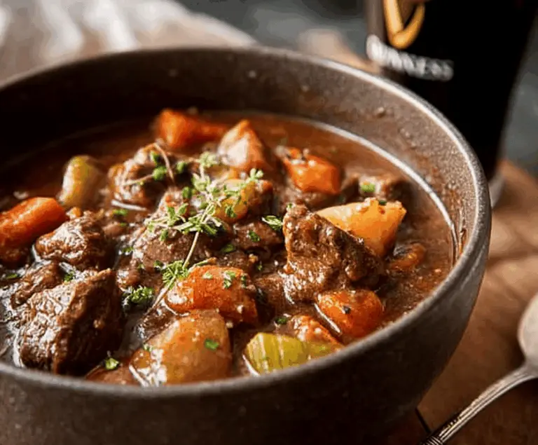 Hearty Guinness Irish Beef Stew with tender beef chunks, vegetables, and a rich, flavorful broth served in a rustic bowl.