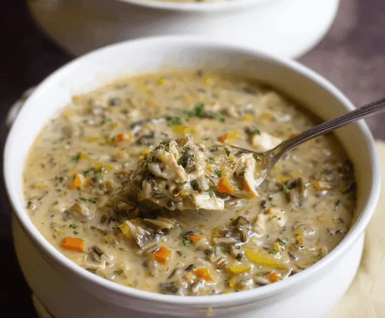 A bowl of hearty healthy chicken wild rice soup garnished with fresh herbs, showcasing tender chicken, wild rice, and vegetables in a flavorful broth.
