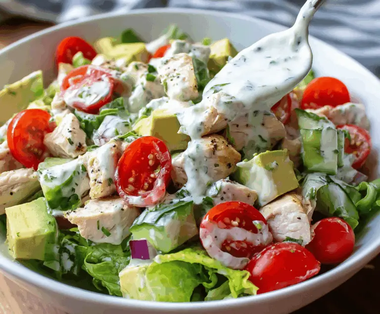 Delicious Healthy Ranch Chicken Salad with fresh greens, grilled chicken, cherry tomatoes, and creamy ranch dressing on a white plate.
