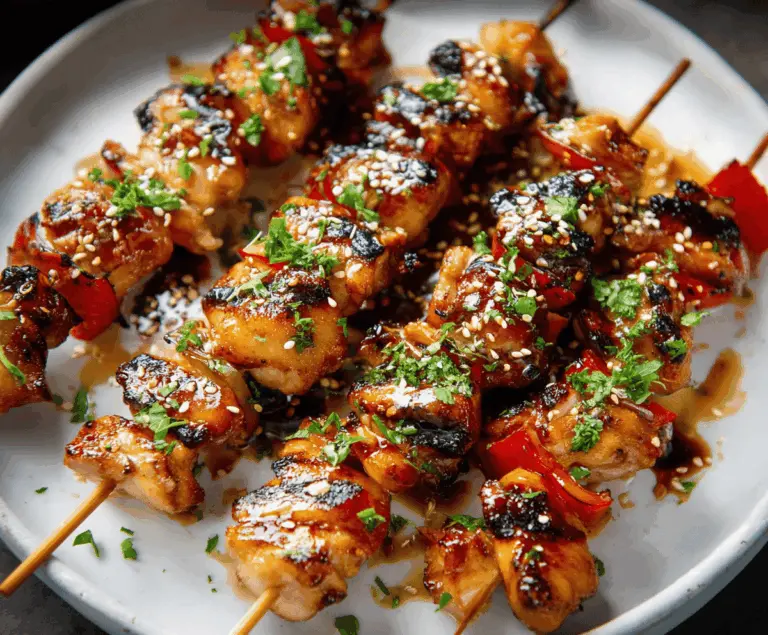 Juicy honey garlic chicken skewers grilled to perfection, glazed with a sweet and savory honey garlic sauce, served with fresh herbs and vegetables