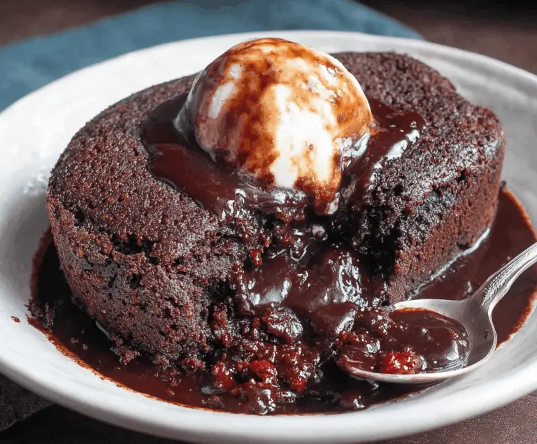 Delicious hot fudge pudding cake with gooey chocolate sauce and whipped cream topping on a serving plate