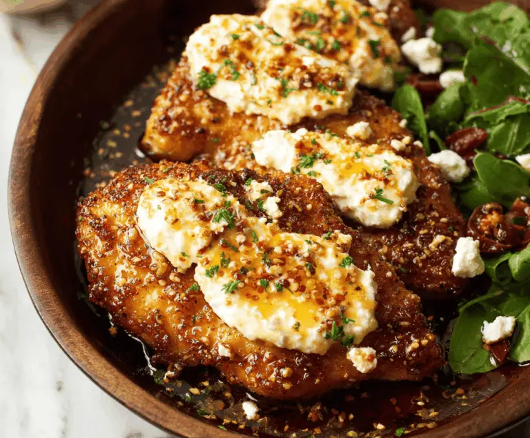Creamy baked chicken topped with hot honey and crumbled feta cheese, garnished with fresh herbs, on a rustic plate.