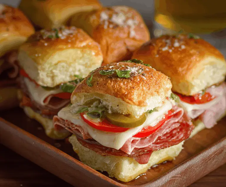 Delicious Hot Italian Sub Sliders with melted cheese, salami, ham, pepperoni, and Italian seasoning served on soft slider buns