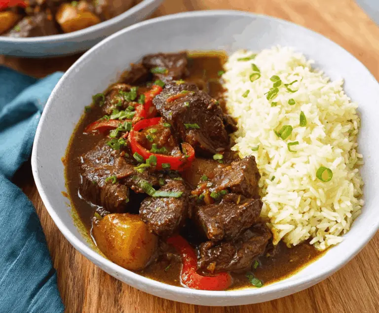 Hearty Jamaican Beef Stew served with fluffy white rice, featuring tender beef, flavorful spices, and fresh vegetables.