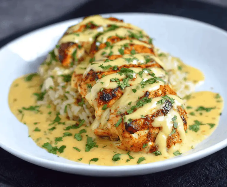 Delicious Mexican chicken topped with creamy cheese sauce, served with fresh herbs and vibrant sides.
