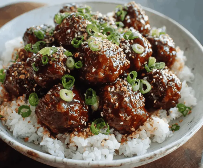 Savory Mongolian Meatballs garnished with green onions served on a white plate, perfect for Asian-inspired dinner recipes