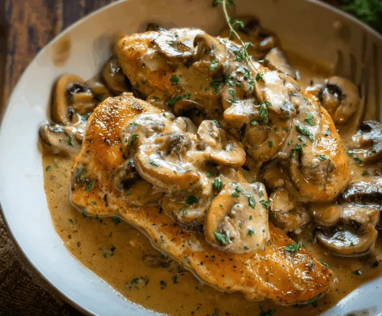 Creamy mushroom chicken dish featuring tender chicken breasts topped with sautéed mushrooms and herbs, served on a white plate.