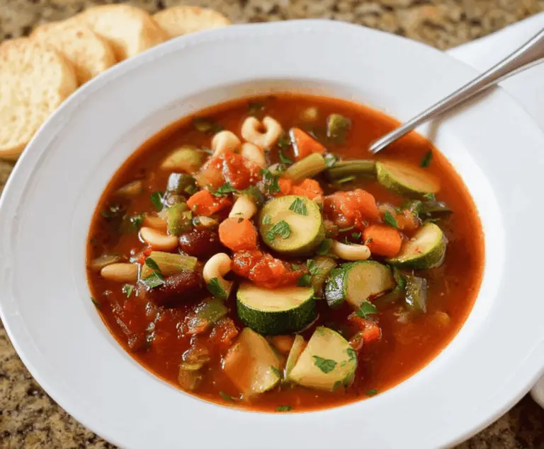 A bowl of hearty Olive Garden vegetable soup with fresh vegetables, herbs, and broth, served with crusty bread on a rustic wooden table.