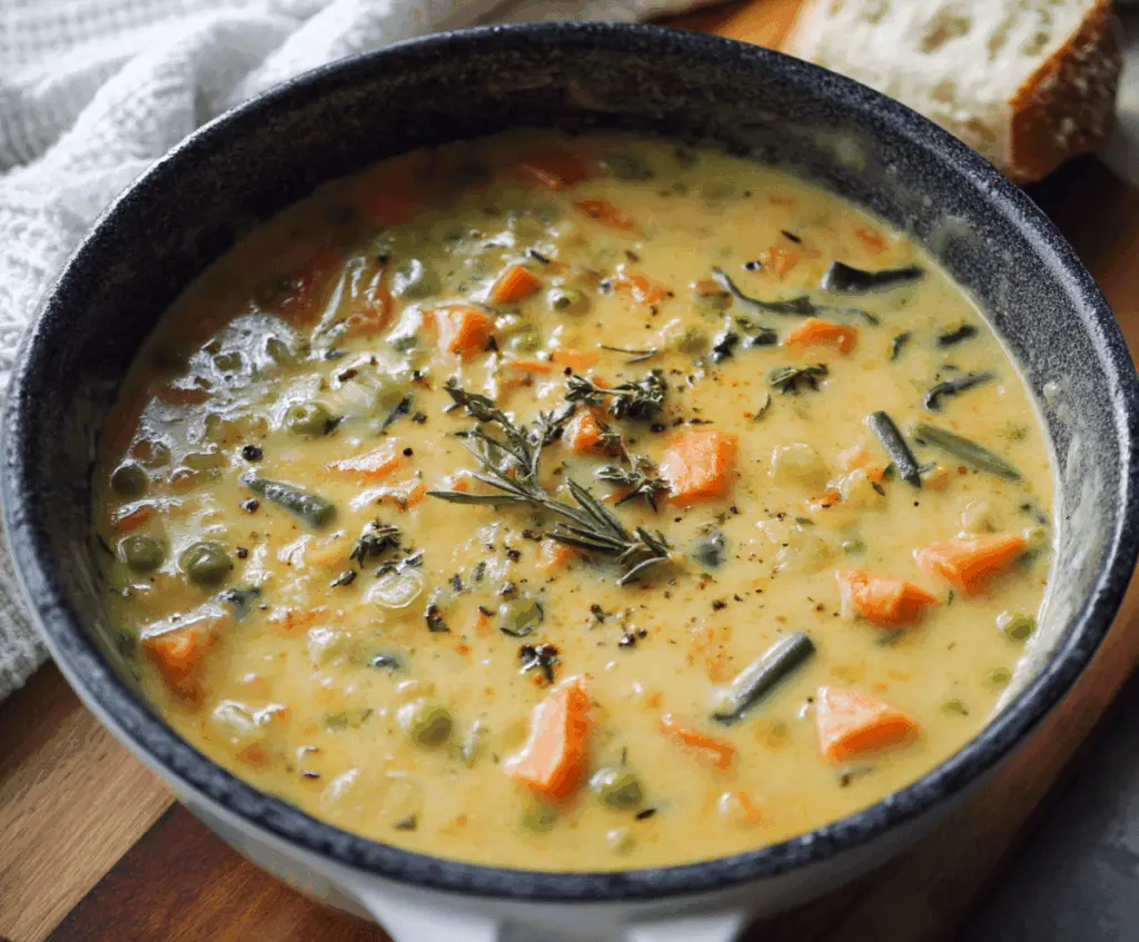 A bowl of hot, creamy vegetable soup garnished with fresh herbs, featuring colorful vegetables like carrots, celery, and spinach, served in a white bowl on a rustic wooden table.