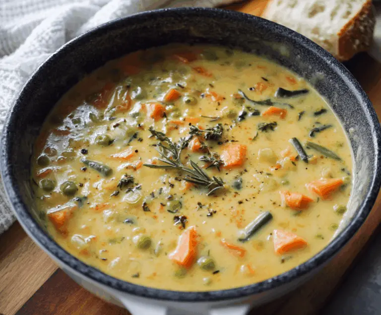 A bowl of hot, creamy vegetable soup garnished with fresh herbs, featuring colorful vegetables like carrots, celery, and spinach, served in a white bowl on a rustic wooden table.