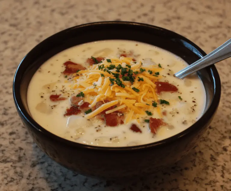 Creamy Outback Steakhouse Potato Soup with melted cheese, bacon bits, and fresh chives served in a bowl