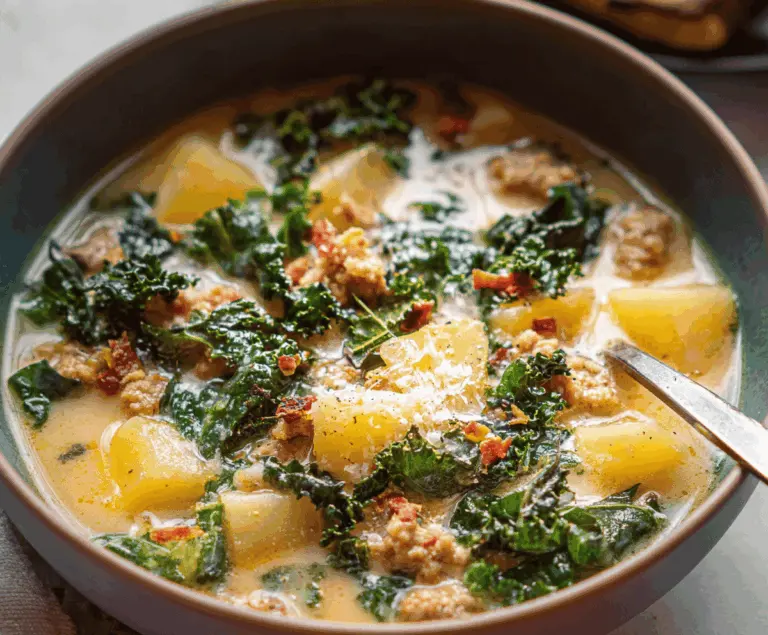 Hearty sausage, potato, and kale soup served in a bowl with fresh ingredients and garnished with herbs.