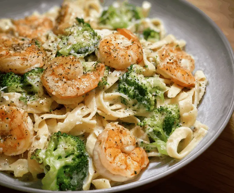 Delicious shrimp and broccoli Alfredo pasta dish topped with creamy Alfredo sauce, perfect for a flavorful seafood and vegetable meal.