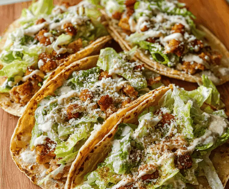 Delicious Smash Chicken Caesar Tacos topped with crispy lettuce and parmesan cheese, served on soft tortillas