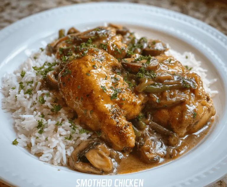 Delicious smothered chicken served over flavorful rice with gravy and fresh herbs