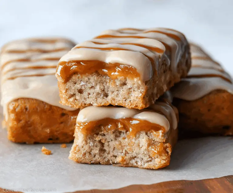 Soft baked maple donut bars topped with caramel glaze and sprinkles on a rustic wooden plate