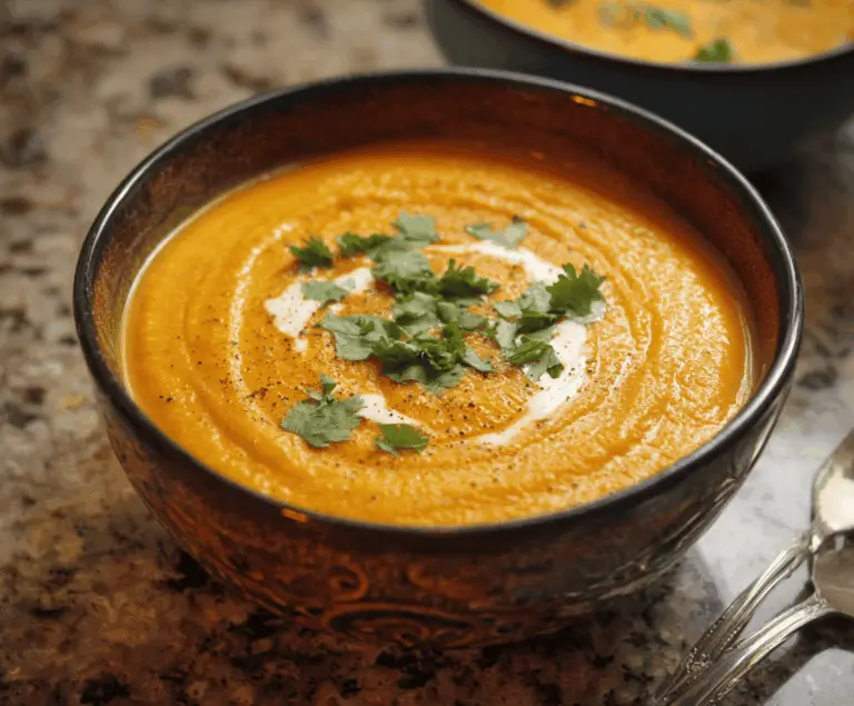 A bowl of warm Spiced Carrot Ginger Soup garnished with fresh herbs and a drizzle of cream, showcasing vibrant orange color and comforting presentation.
