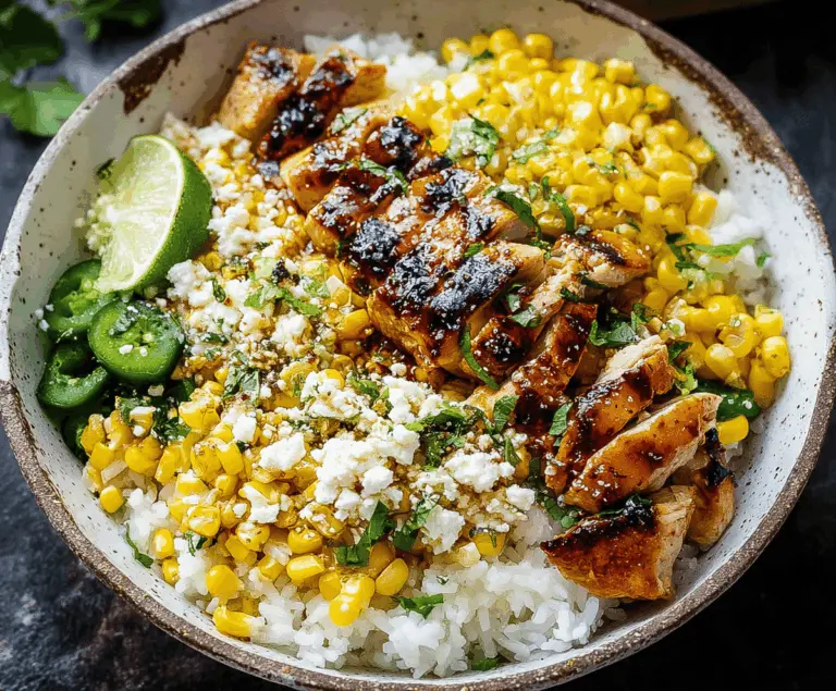 Delicious street corn chicken rice bowl topped with grilled chicken, creamy corn, fresh cilantro, and lime wedges on a vibrant plate.