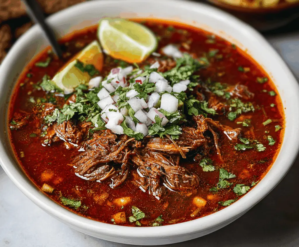 Delicious Mexican Birria served in a bowl with tender meat, rich red sauce, and fresh garnishes, perfect for a flavorful and authentic meal.