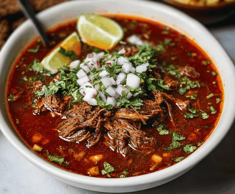 Delicious Mexican Birria served in a bowl with tender meat, rich red sauce, and fresh garnishes, perfect for a flavorful and authentic meal.