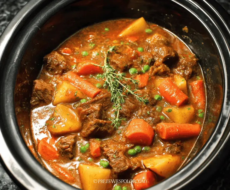 Delicious tender beef stew in a crock pot with vegetables and herbs, perfect for comforting homemade meals