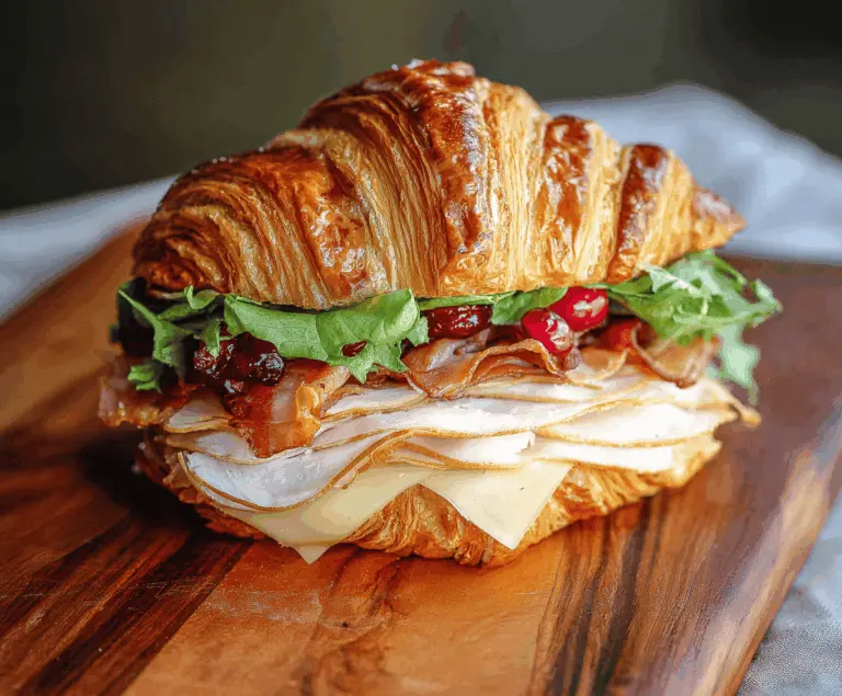 Delicious turkey croissant sandwich with lettuce, tomato, and cheese served on a fresh croissant for a tasty breakfast or lunch.