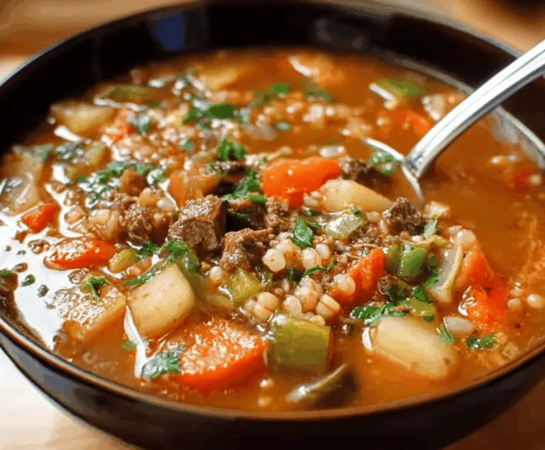 A steaming bowl of hearty vegetable beef soup with tender beef chunks, colorful vegetables, and fresh herbs, served in a rustic bowl.