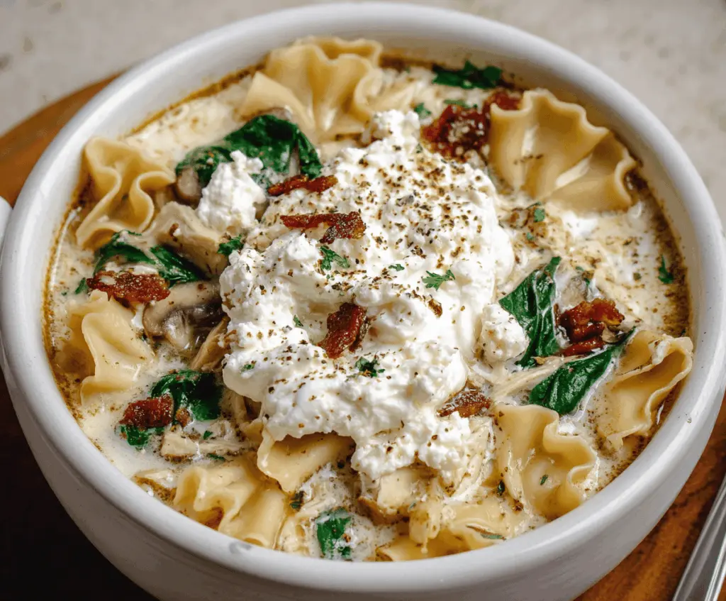 Creamy White Lasagna Soup with ricotta, spinach, and melted cheese served in a bowl, topped with fresh herbs