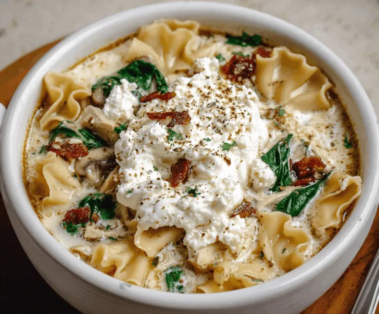 Creamy White Lasagna Soup with ricotta, spinach, and melted cheese served in a bowl, topped with fresh herbs
