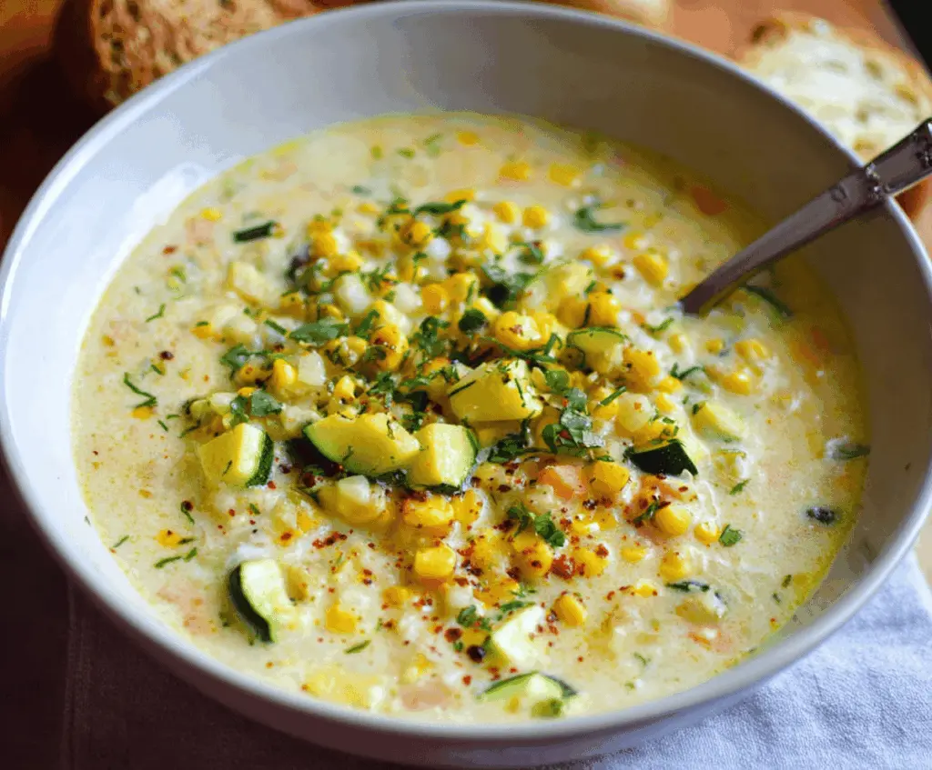 Creamy zucchini and corn chowder served in a bowl, garnished with fresh herbs and topped with a dollop of sour cream, perfect for a warm and comforting meal.