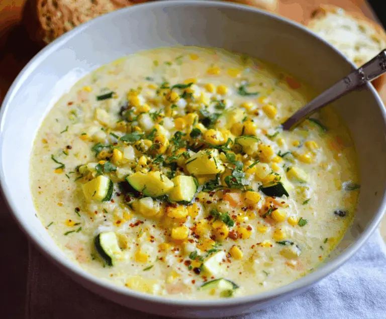 Creamy zucchini and corn chowder served in a bowl, garnished with fresh herbs and topped with a dollop of sour cream, perfect for a warm and comforting meal.