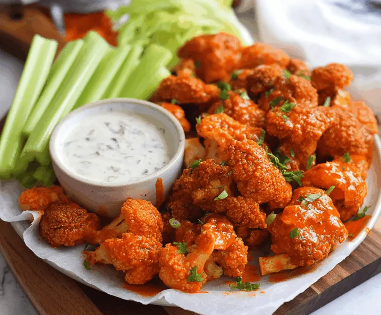 Crispy Air Fryer Buffalo Cauliflower bites served with celery sticks and blue cheese dressing, perfect for a spicy vegetarian appetizer.