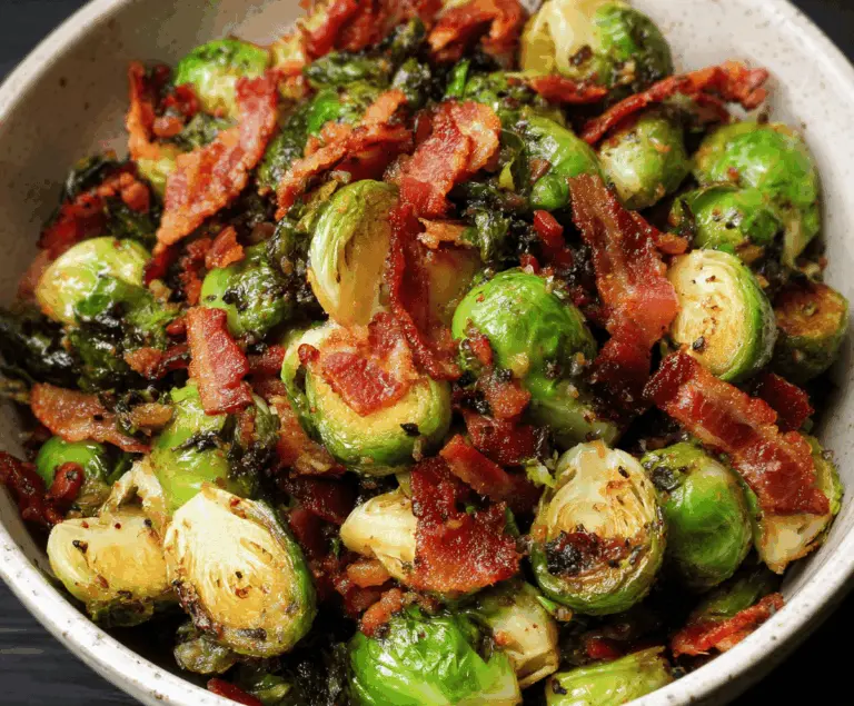 Delicious roasted Brussels sprouts topped with crispy bacon, garnished with fresh herbs, perfect for a savory side dish.