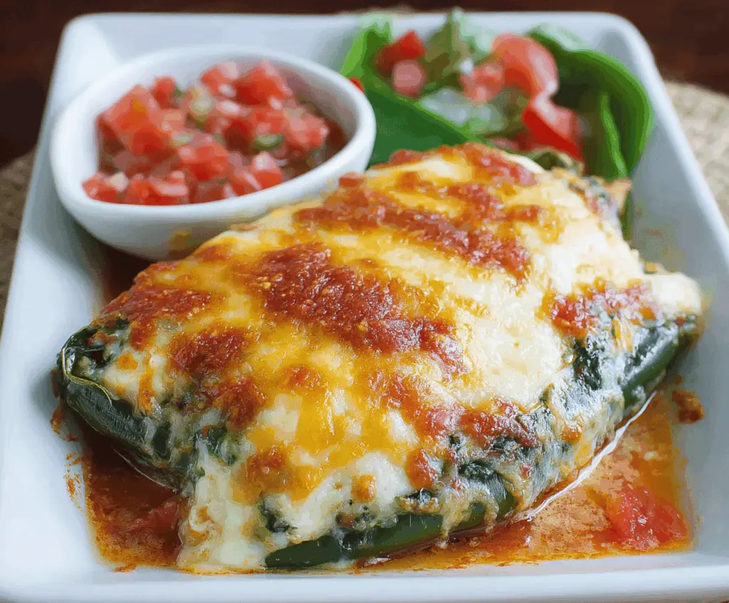 Delicious baked chicken chili relleno dish with melted cheese and vibrant peppers, ready to serve.