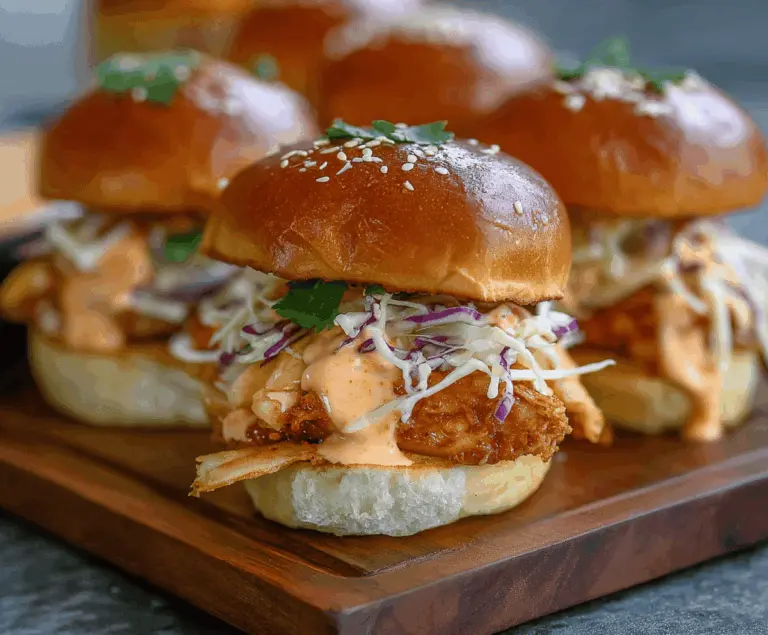 Delicious Bang Bang Chicken Sliders with spicy mayo, shredded chicken, and fresh toppings on slider buns
