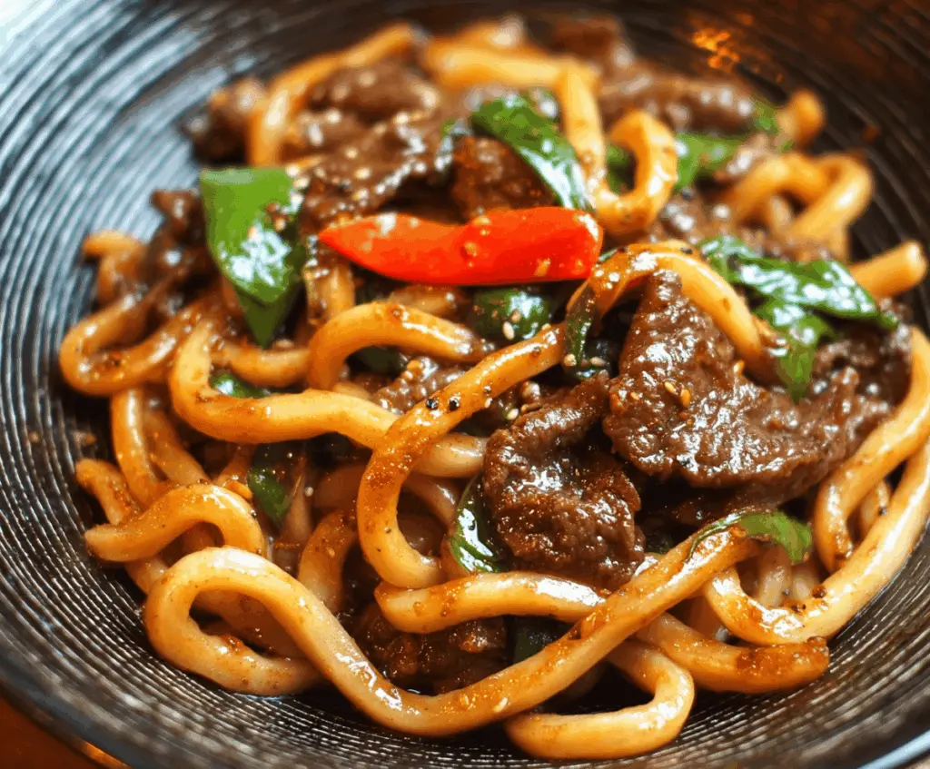 Delicious beef black pepper udon stir-fry with tender beef slices, black pepper sauce, and chewy udon noodles served on a white plate