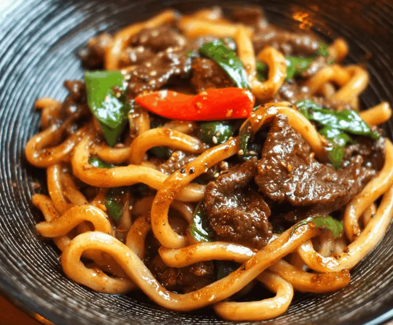 Delicious beef black pepper udon stir-fry with tender beef slices, black pepper sauce, and chewy udon noodles served on a white plate