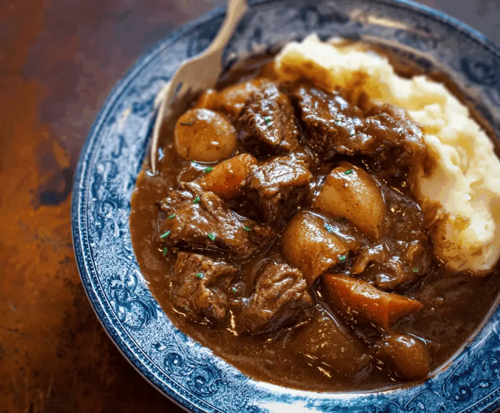Savory Beef Carbonnade Stew with tender beef chunks, caramelized onions, and rich gravy served in a rustic bowl
