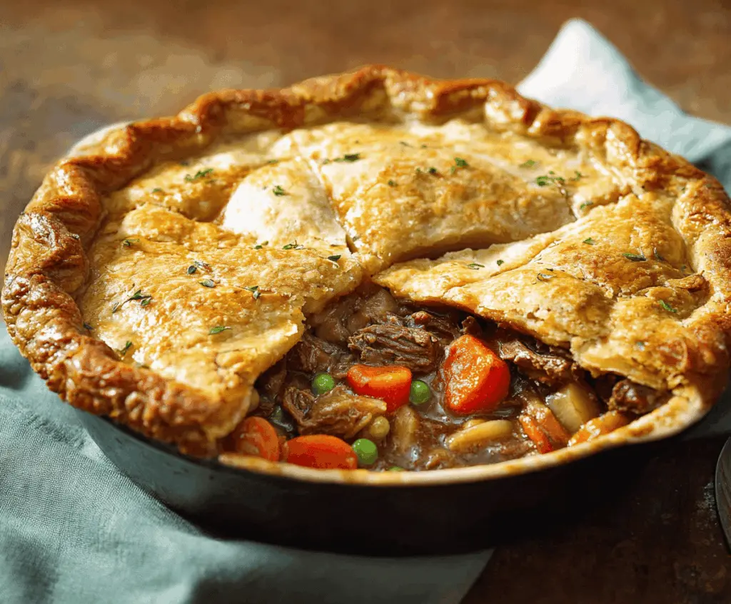 Delicious homemade beef pot pie topped with golden flaky crust and served in a rustic bowl, showcasing tender beef and vegetables in a savory gravy