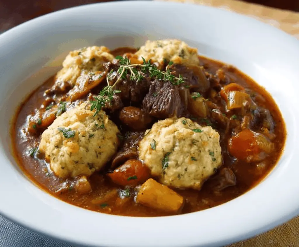 Hearty beef stew with tender meat and fluffy dumplings served in a rustic bowl on a wooden table