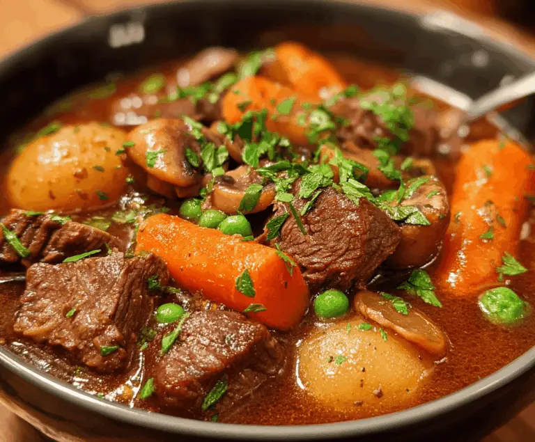 Hearty beef stew with red wine, vegetables, and herbs served in a rustic bowl