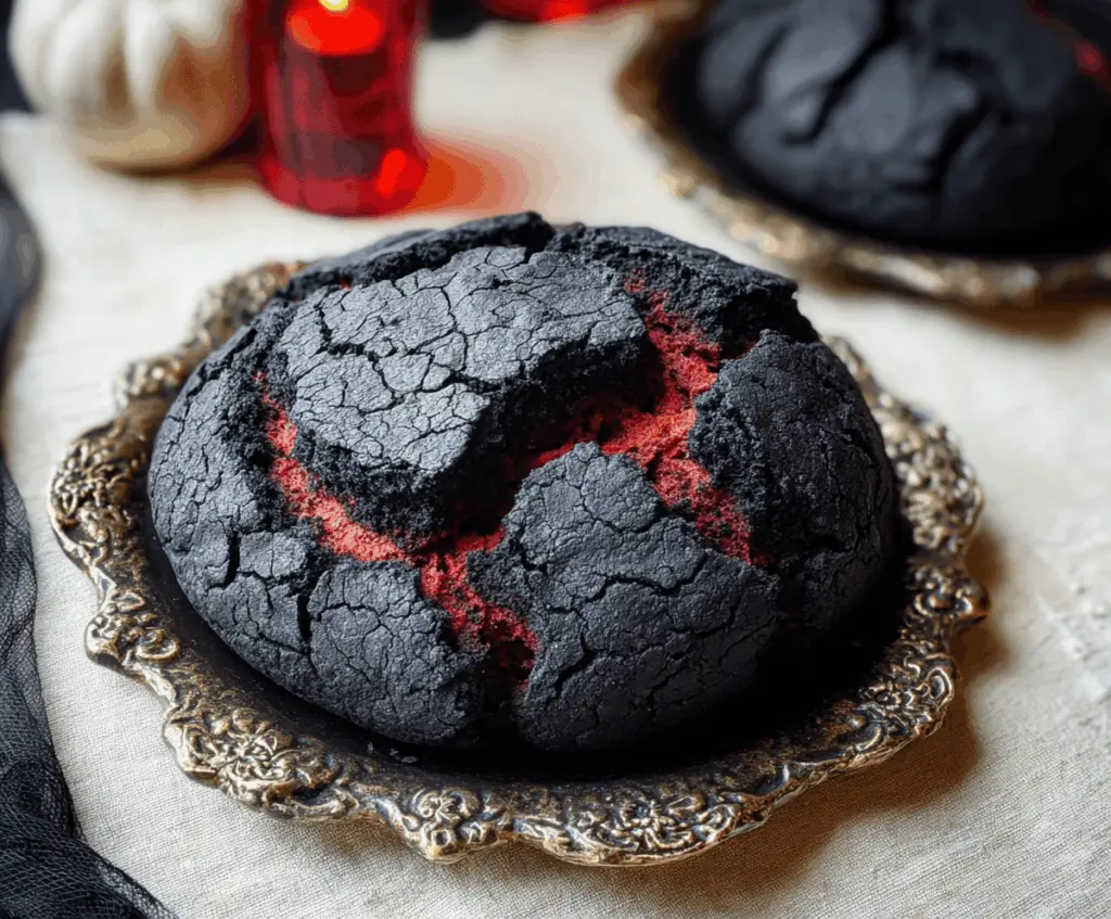 A spooky black brimstone bread shaped like a witch's hat with eerie green filling, perfect for Halloween celebrations.