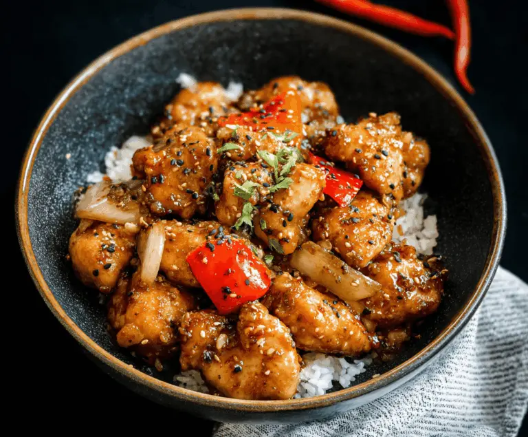 Delicious Black Pepper Chicken served with fresh vegetables and steamed rice on a plate