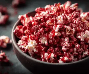 Bright red velvet popcorn drizzled with cream cheese frosting for a festive snack