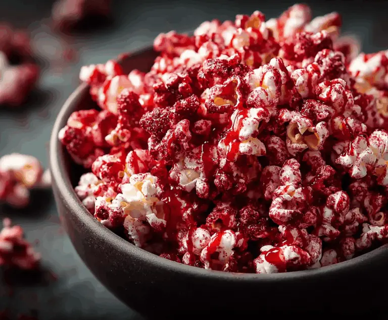 Bright red velvet popcorn drizzled with cream cheese frosting for a festive snack